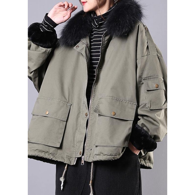 2024 Army Green Casual Outfit Oversize Snow Jackets Pockets Faux Fur Collar Winter Coats