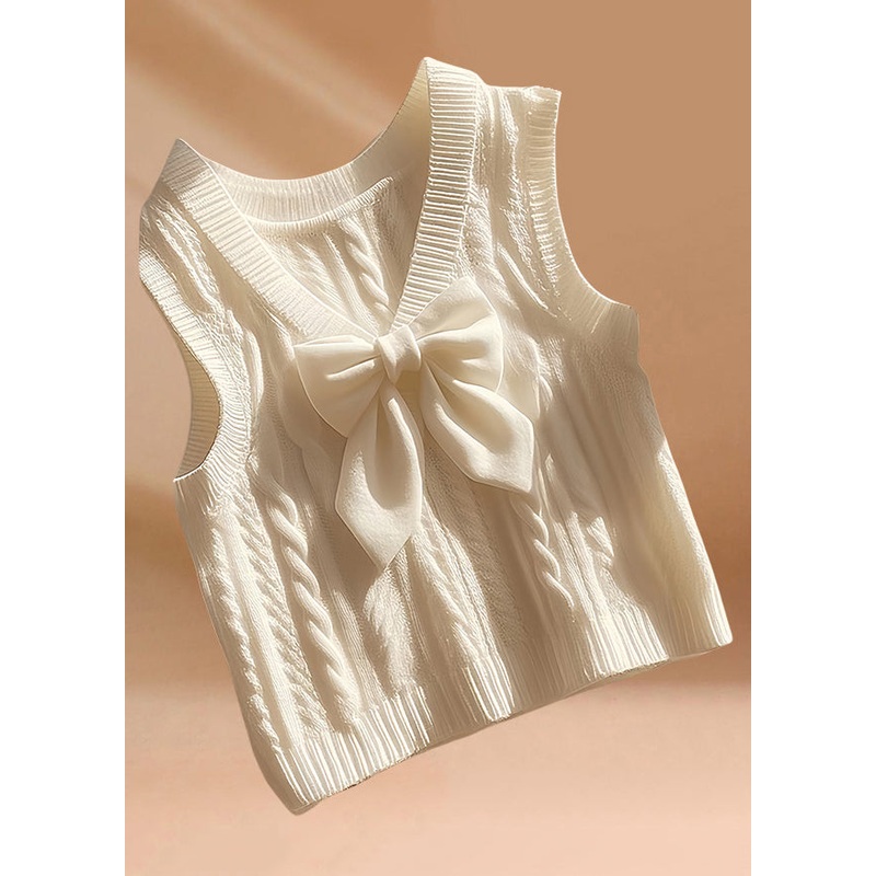 Art Beige V Neck Bow Cozy Knit Waistcoat Sleeveless