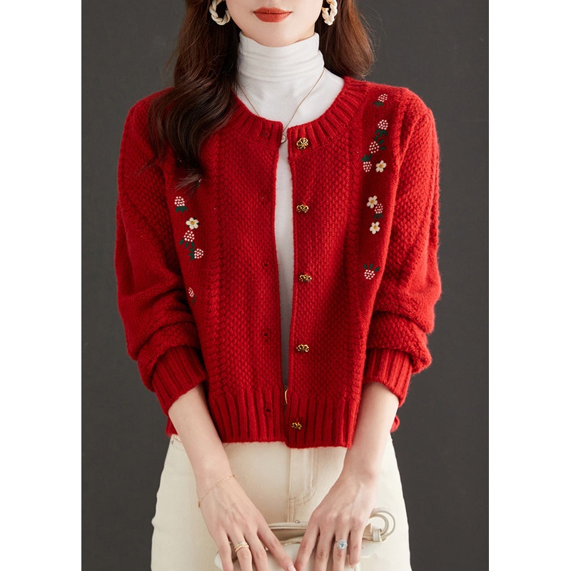 Art Red Embroidered Button Knit Cardigan Fall
