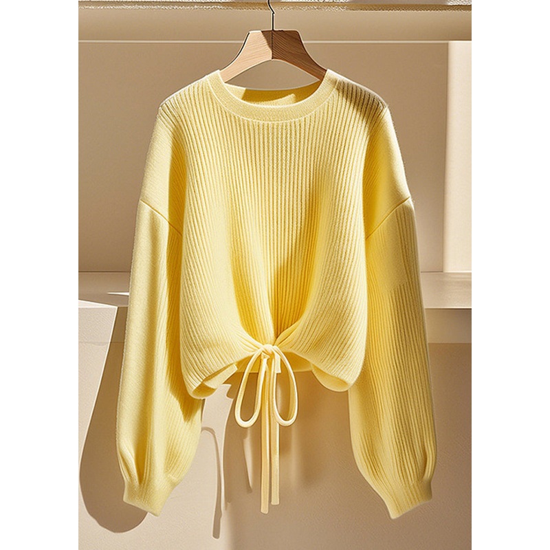 Art Yellow O Neck Lace Up Solid Knit Sweater Fall