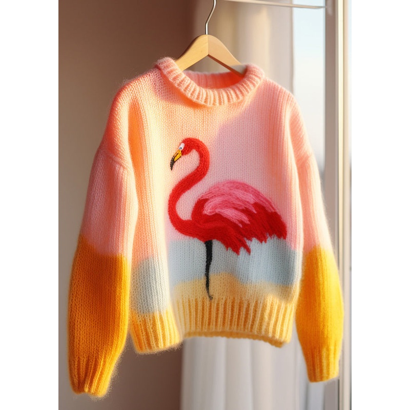 Beautiful Pink O Neck Patchwork Knit Sweaters Fall