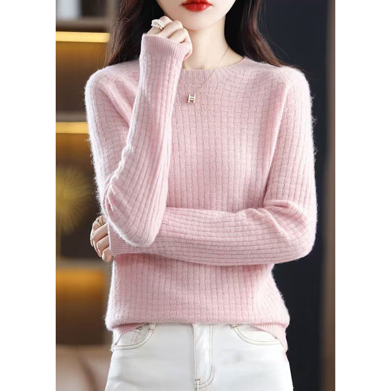 Beautiful Pink O Neck Solid Cotton Knit Sweaters Fall