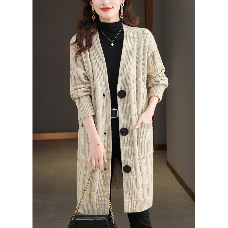Beige Pockets Cable Wool Knit Fall Cardigans V Neck