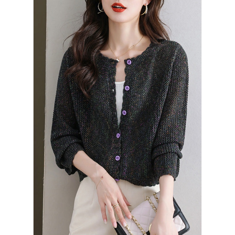 Black Button Cozy Knit Fall Cardigans O Neck