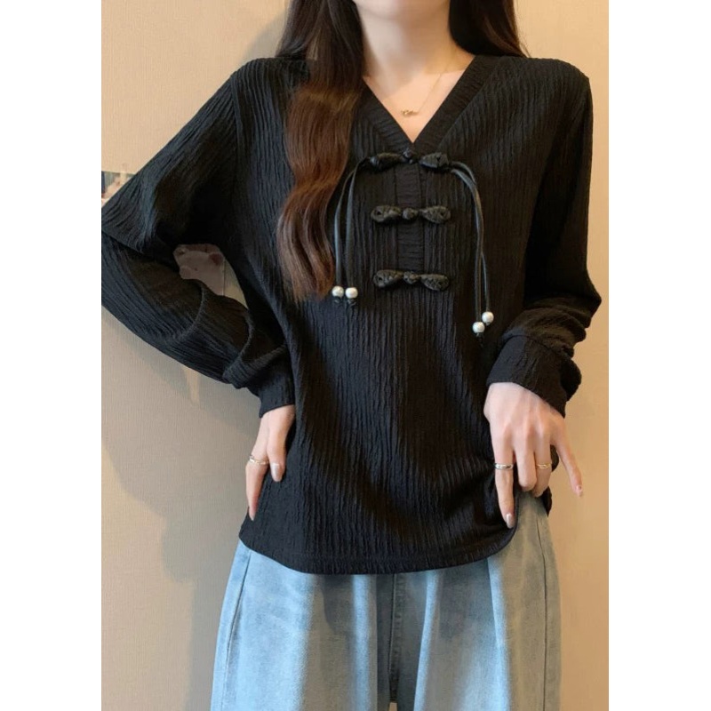 Black Patchwork Cotton Shirt Top V Neck Tassel Fall