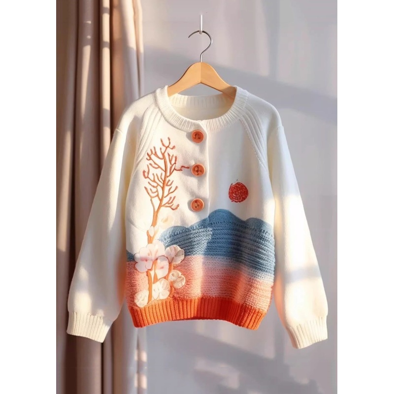 Bohemian Beige Print Button Knit Sweaters Fall
