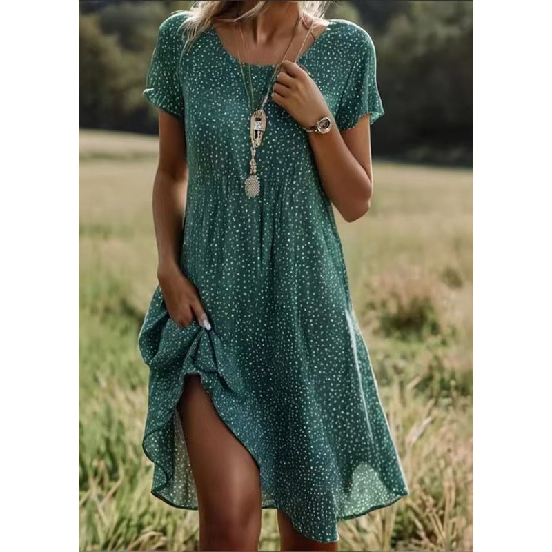 Bohemian Green O Neck Print Cotton Dress Short Sleeve