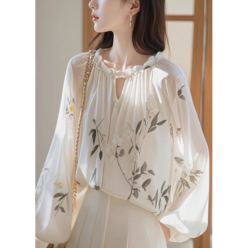 Bohemian White Ruffled Print Chiffon Shirt Fall