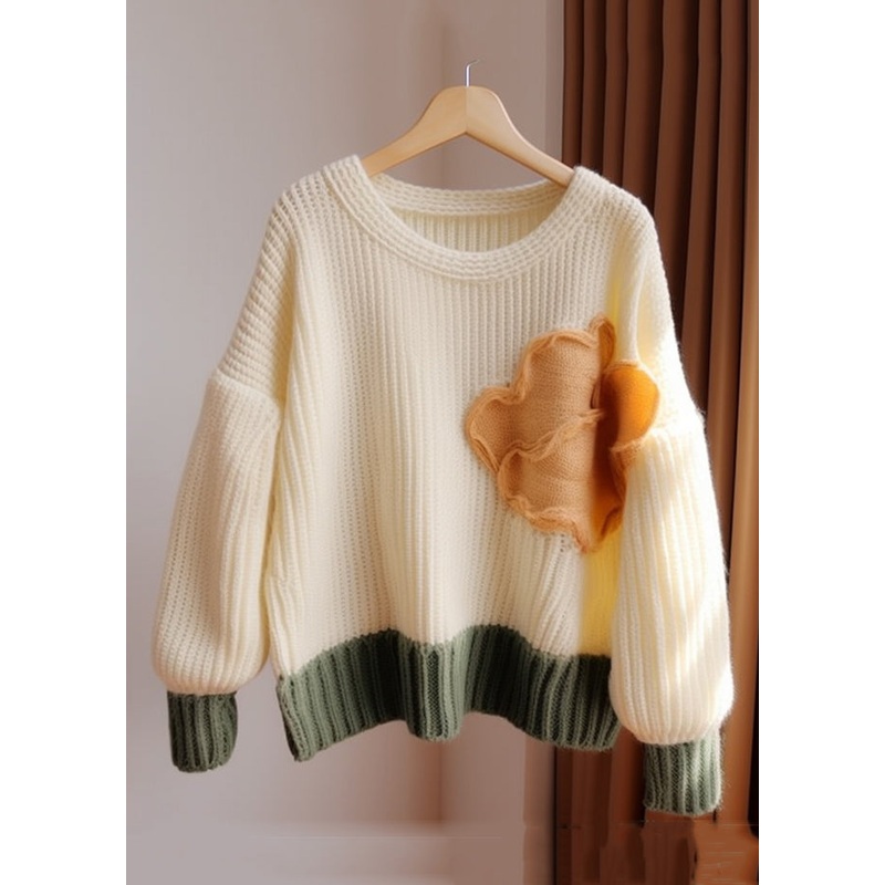 Chic Apricot O Neck Patchwork Knit Sweater Fall