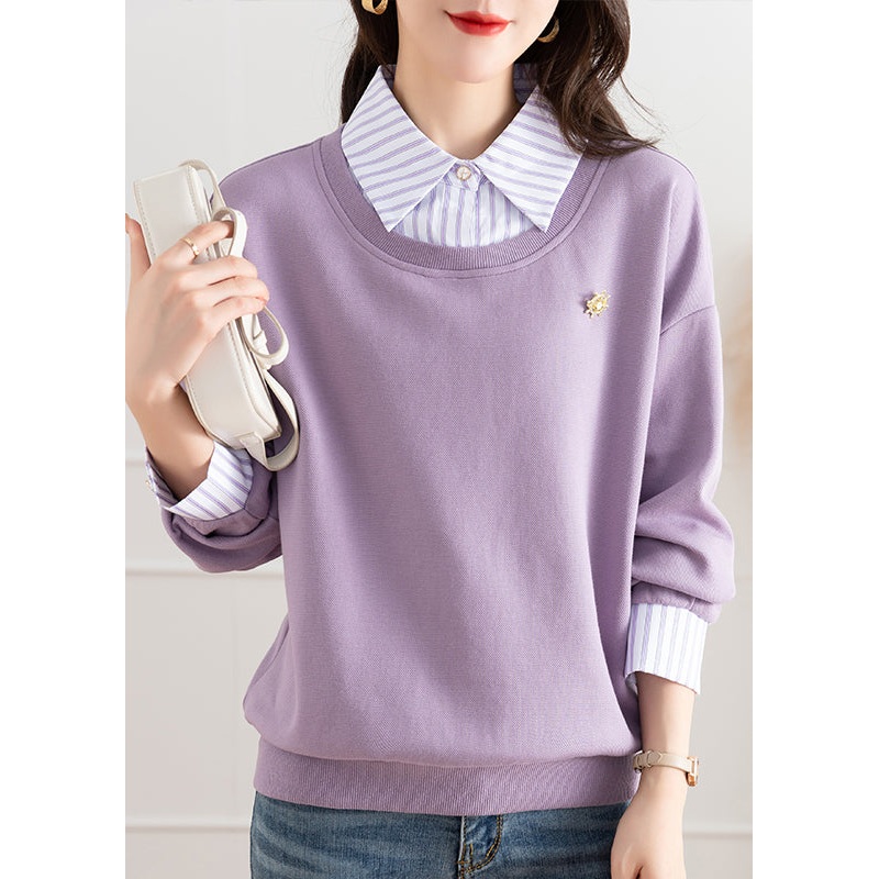 Chic Purple Patchwork False Two Pieces Cotton Top Fall