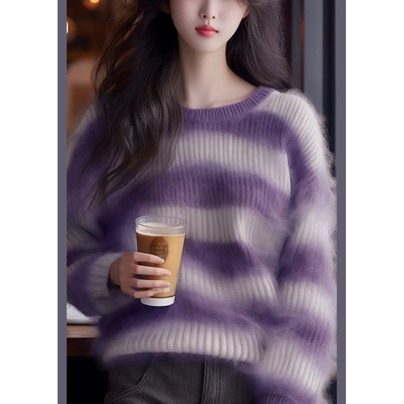 Chic Purple Striped Cozy Ma Hai Mao Sweaters Fall