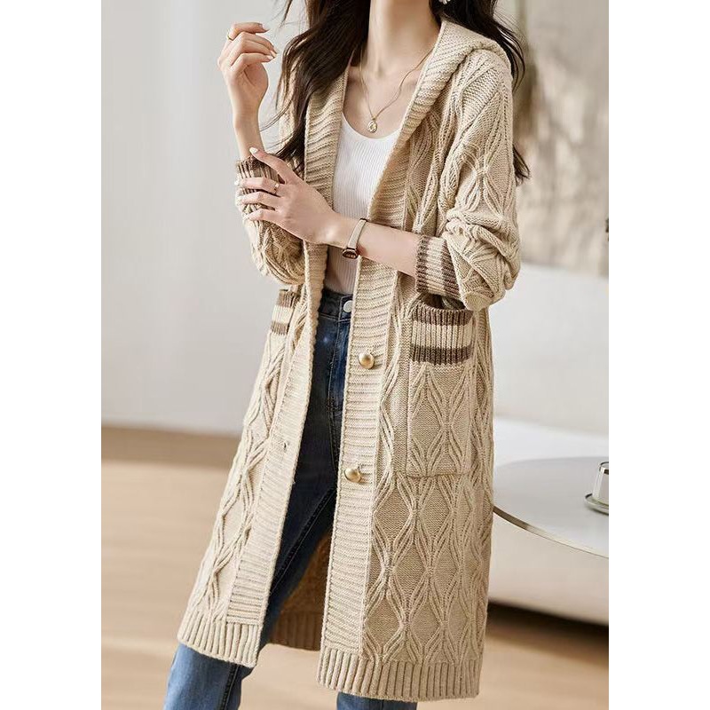 Classy Beige Hooded Pockets Knit Loose Cardigan Fall