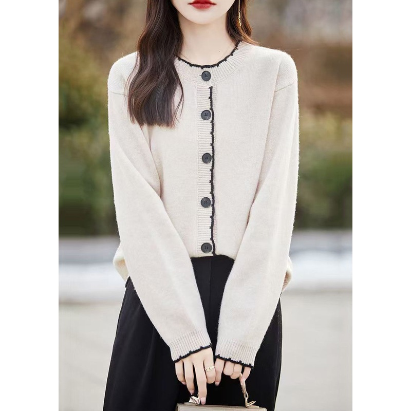 Classy Beige O Neck Button Wool Knit Cardigans Fall