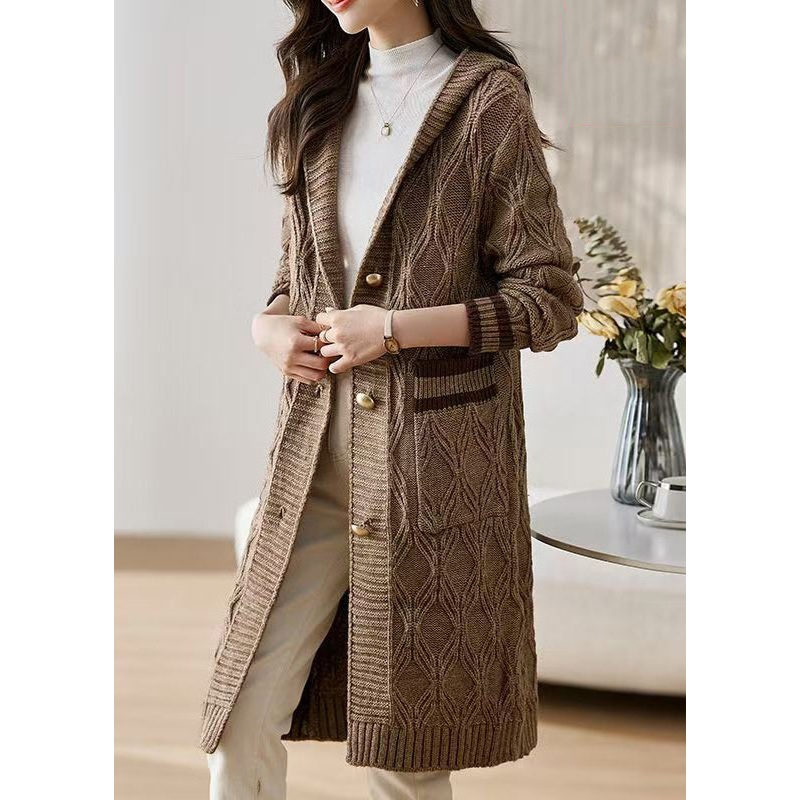 Coffee Button Patchwork Knit Fall Cardigans Hooded