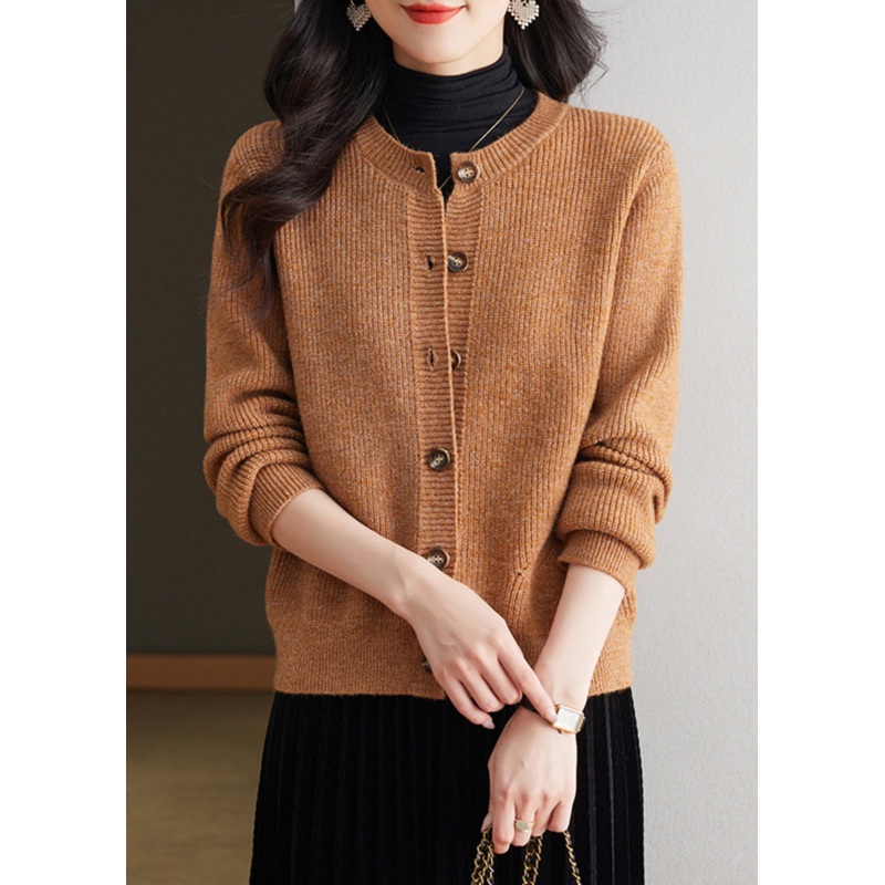 Coffee Solid Cozy Knit Fall Cardigans O Neck