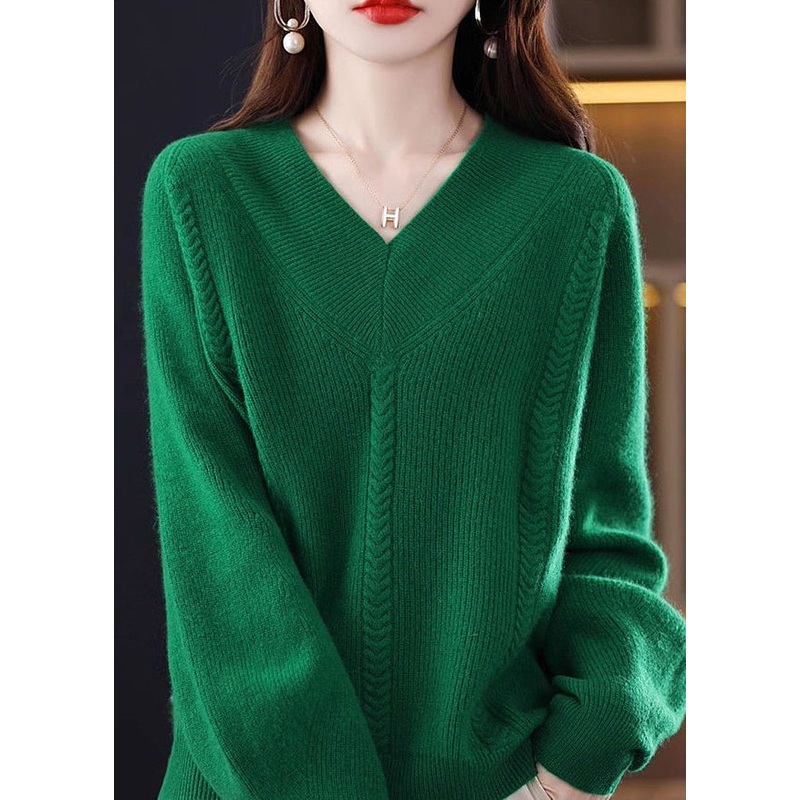 Cozy Green V Neck Solid Knit Knit Sweaters Fall