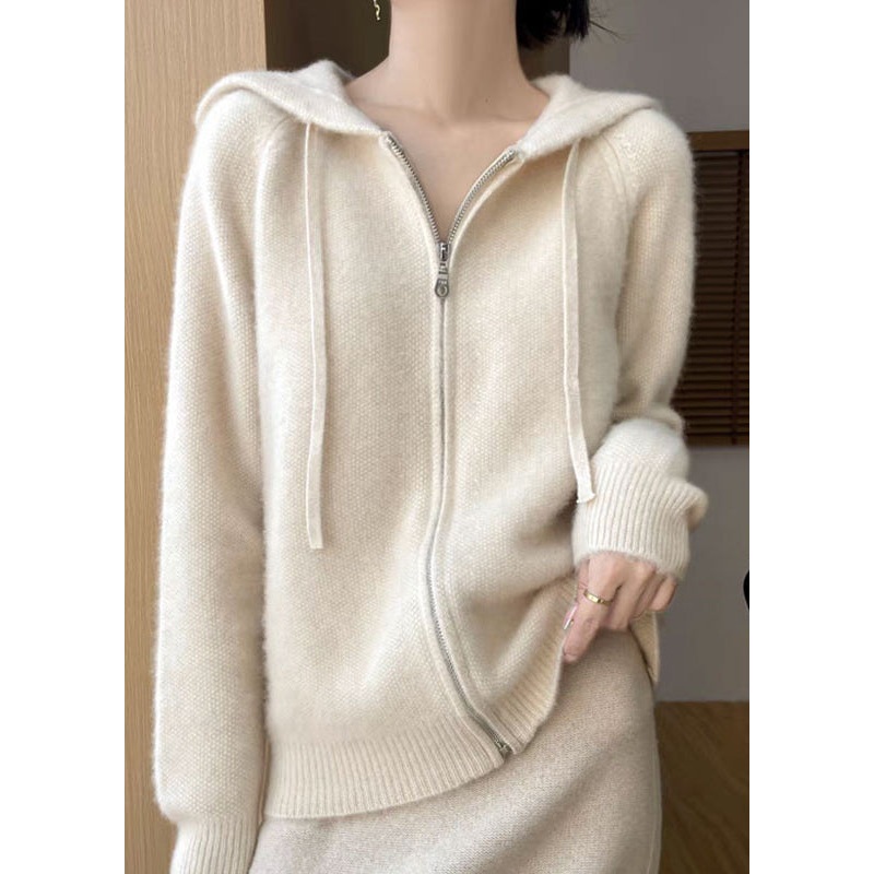 Elegant Beige Hooded Zippered Solid Cotton Knit Coat Fall