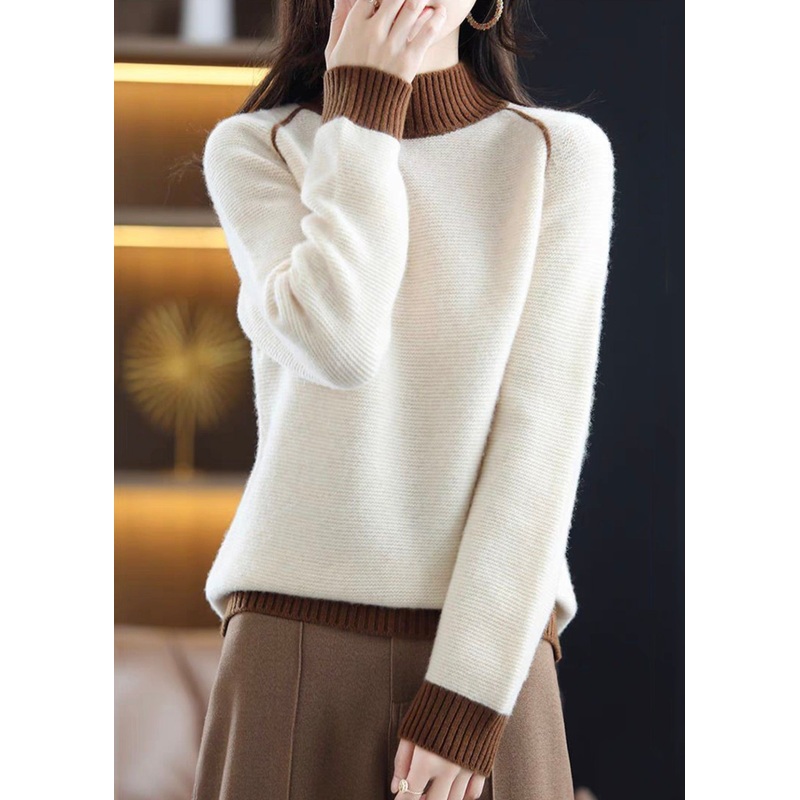 Elegant Beige Turtleneck Cozy Patchwork Wool Knit Sweaters Fall