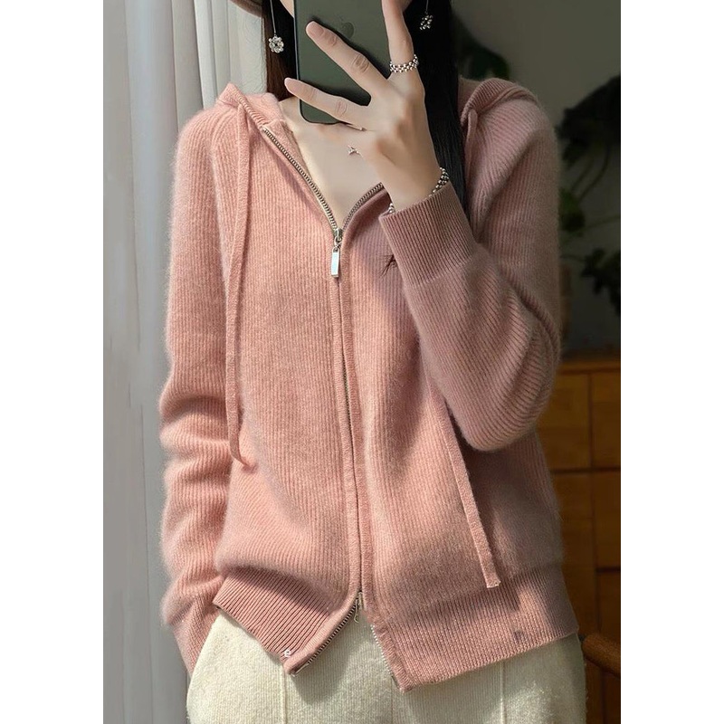 Elegant Pink Hooded Zip Up Wool Knit Coat Fall