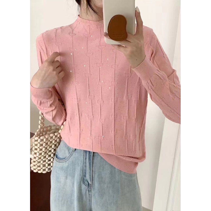 Elegant Pink Turtleneck Sequins Knit Sweaters Fall
