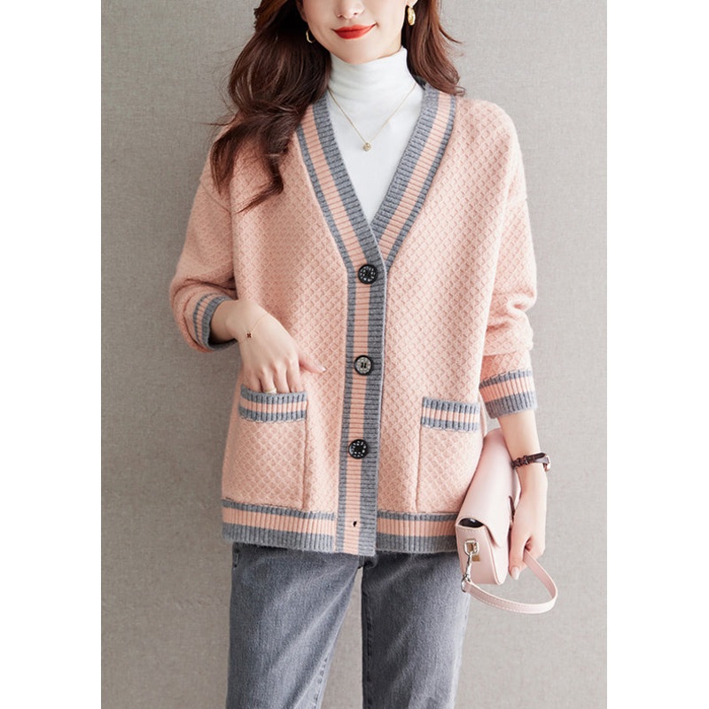 Elegant Pink V Neck Button Patchwork Knit Cardigan Fall