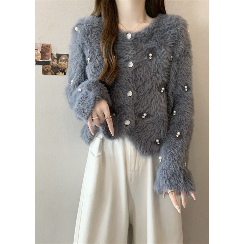 Fashion Grey O Neck Nail Bead Mink Hair Knitted Coat Fall
