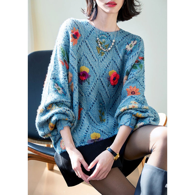 Floral Blue O-Neck Hollow Out Knit Sweaters Fall