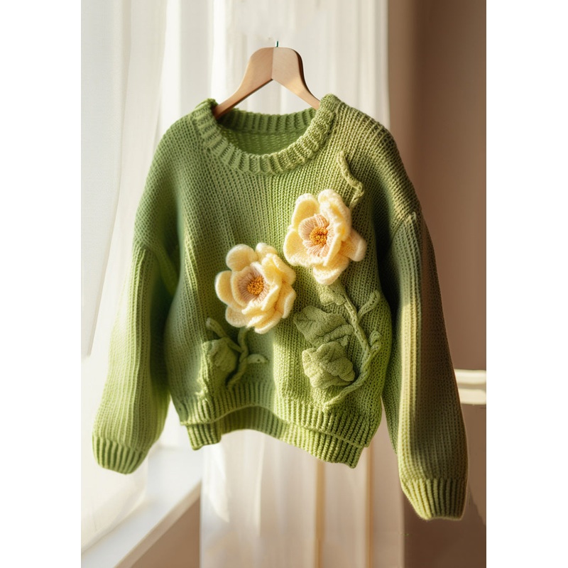 Floral Green O Neck Hollow Out Knit Sweater Fall