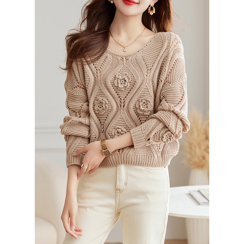 Floral Light Camel O Neck Hollow Out Knit Sweaters Fall