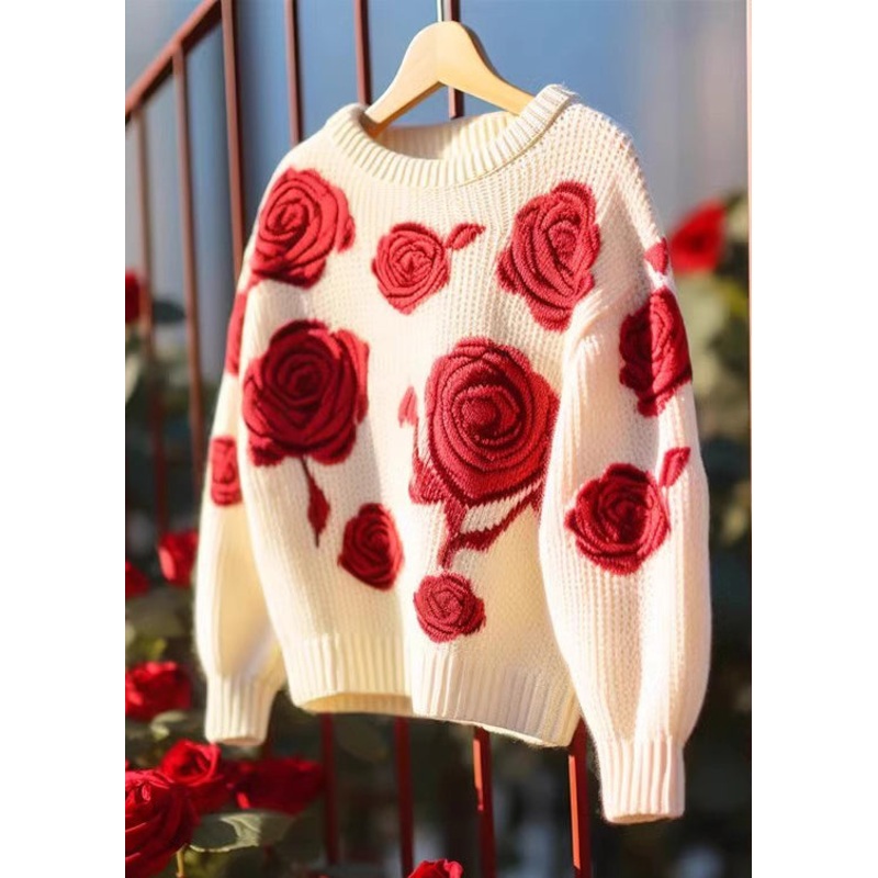Floral Red Hollow Out Cozy Knit Sweaters Fall