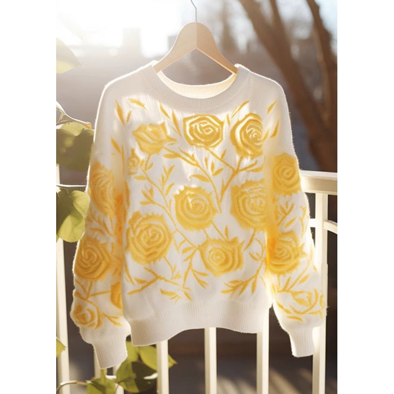 Floral Yellow O Neck Cozy Knit Fall Sweaters