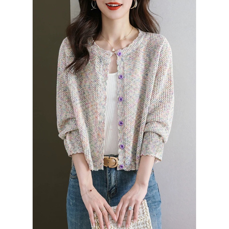 French Beige Hollow Out Button Knit Cardigan Fall