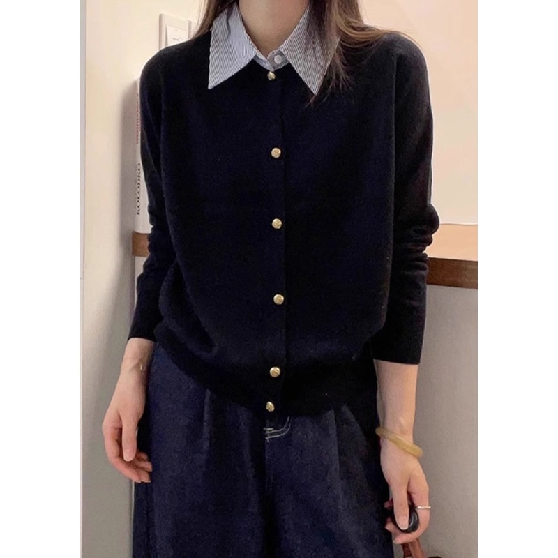 French Black Peter Pan Collar Button Patchwork Knit Top Fall