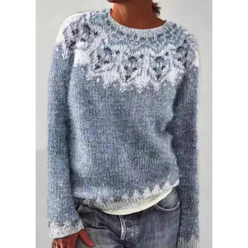 French Blue O Neck Patchwork Knit Sweaters Fall