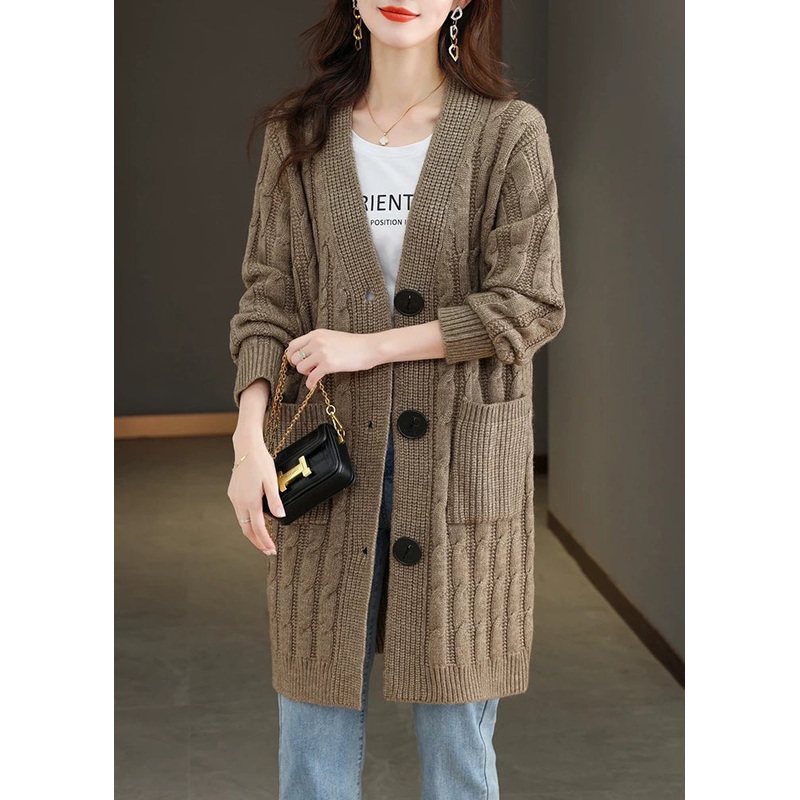 French Dark Khaki V Neck Button Wool Knit Cardigan Fall
