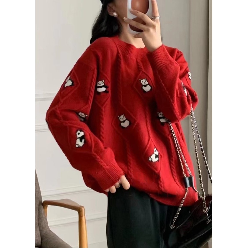 French Red Animal Cozy Knit Sweaters Fall