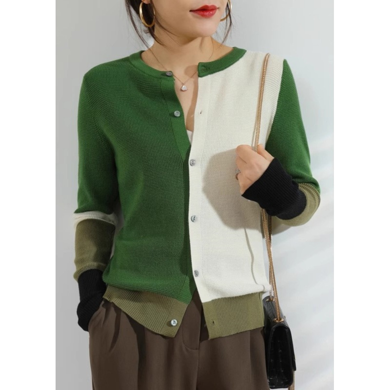 Green Button Patchwork Knit Fall Cardigan O Neck