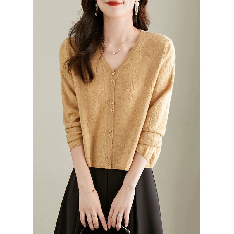 Jacquard Yellow V Neck Button Solid Knit Cardigan Fall