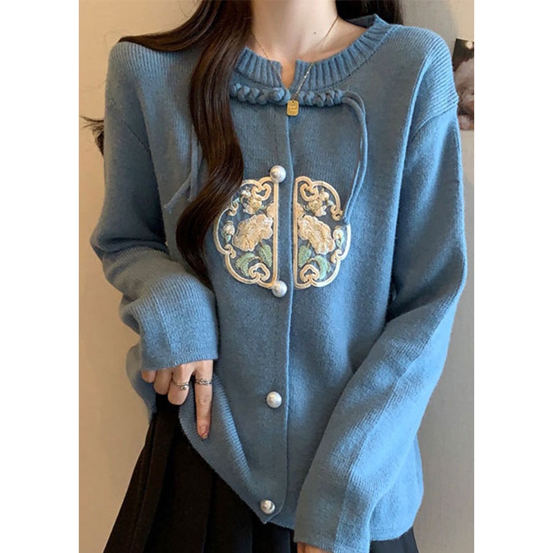 New Chinese Style Blue O-Neck Tassel Knit Coats Fall