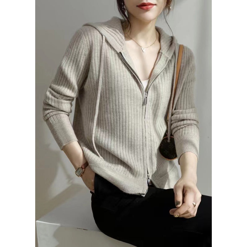 New Grey Hooded Zippered Cozy Knit Coat Fall