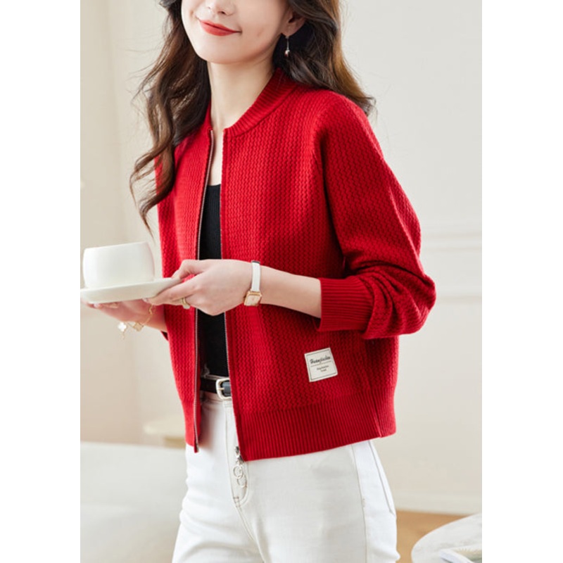 New Red Stand Collar Zip Up Solid Knit Coat Fall