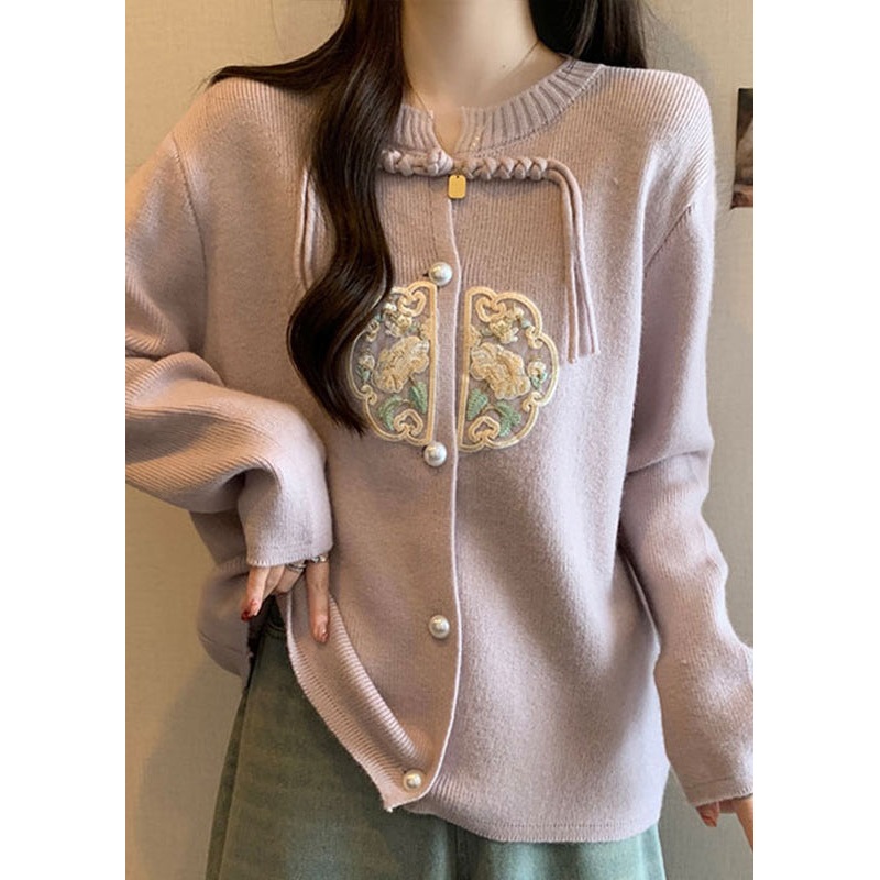 Pink Knit Coats Button Tassel Embroidered Fall
