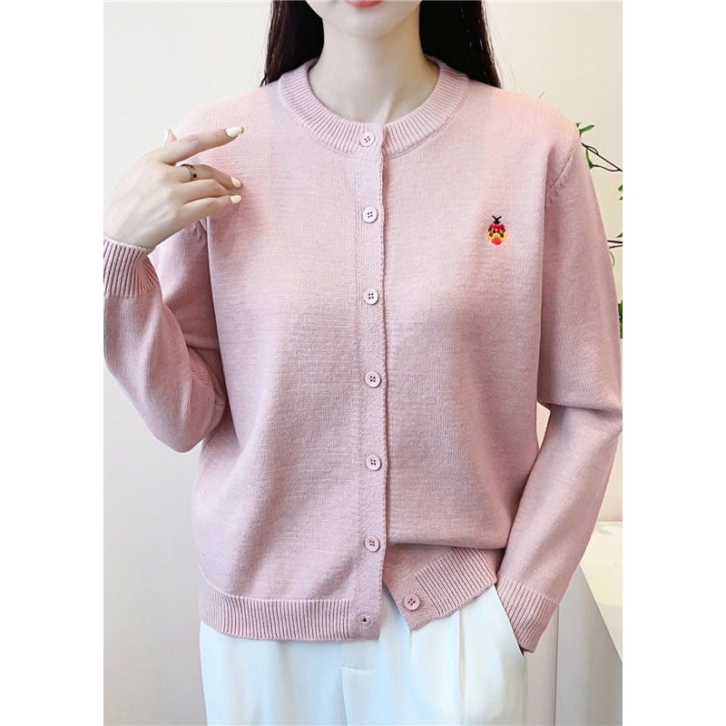 Simple Pink O-Neck Print Button Knit Cardigan Fall