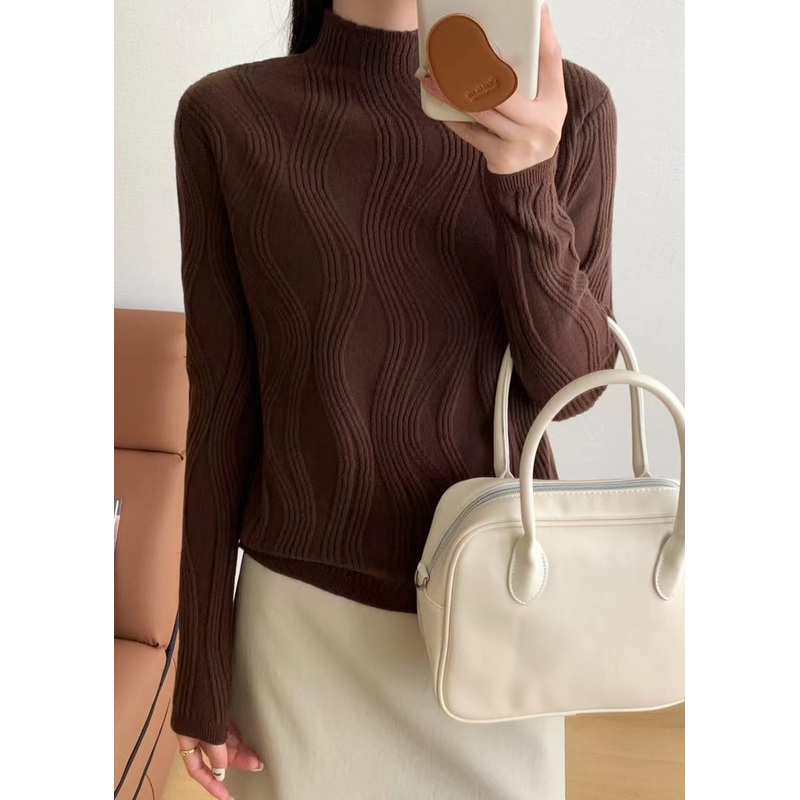 Slim Fit Coffee Turtleneck Solid Knit Sweaters Fall