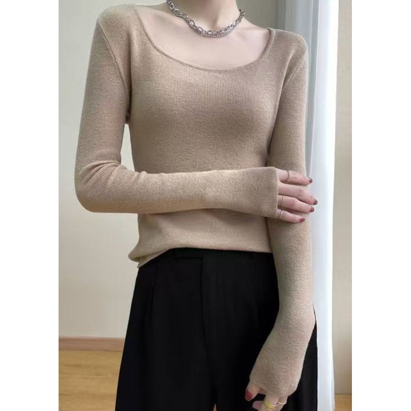 Slim Fit Light Camel O Neck Solid Wool Knit Top Fall