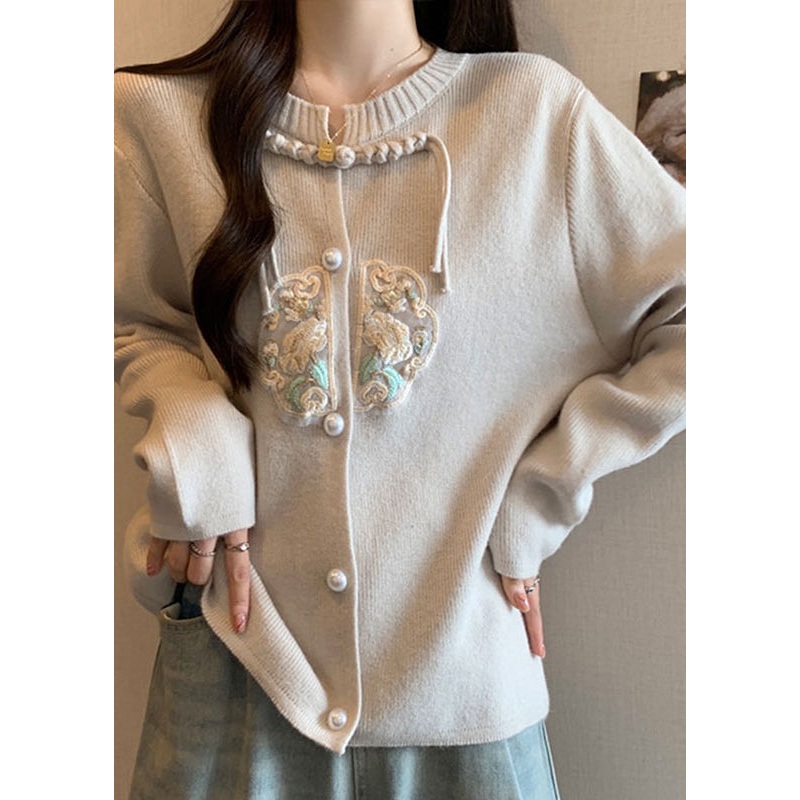 Style Apricot Tassel Button Patchwork Knit Coat Fall