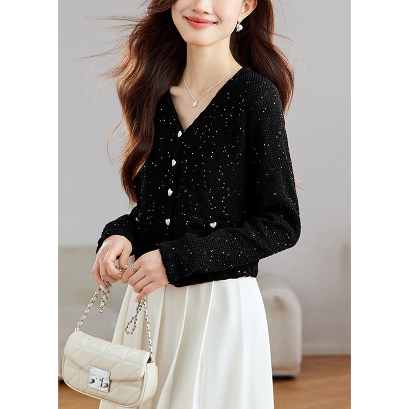 Stylish Black V Neck Button Sequins Wool Knit Cardigans Fall
