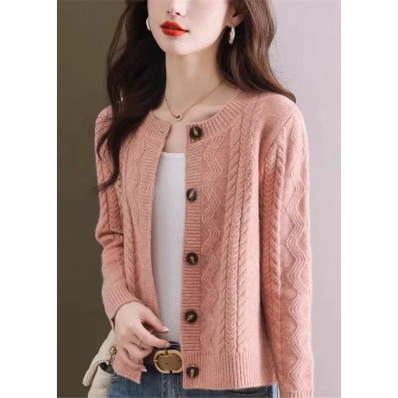 Stylish Pink O Neck Button Woolen Cardigans Fall