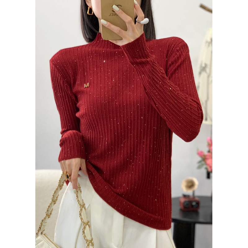Stylish Red O Neck Sequins Wool Knit Sweater Fall