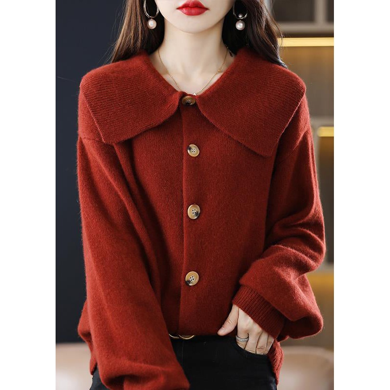 Stylish Red Peter Pan Collar Button Solid Knit Cardigan Fall
